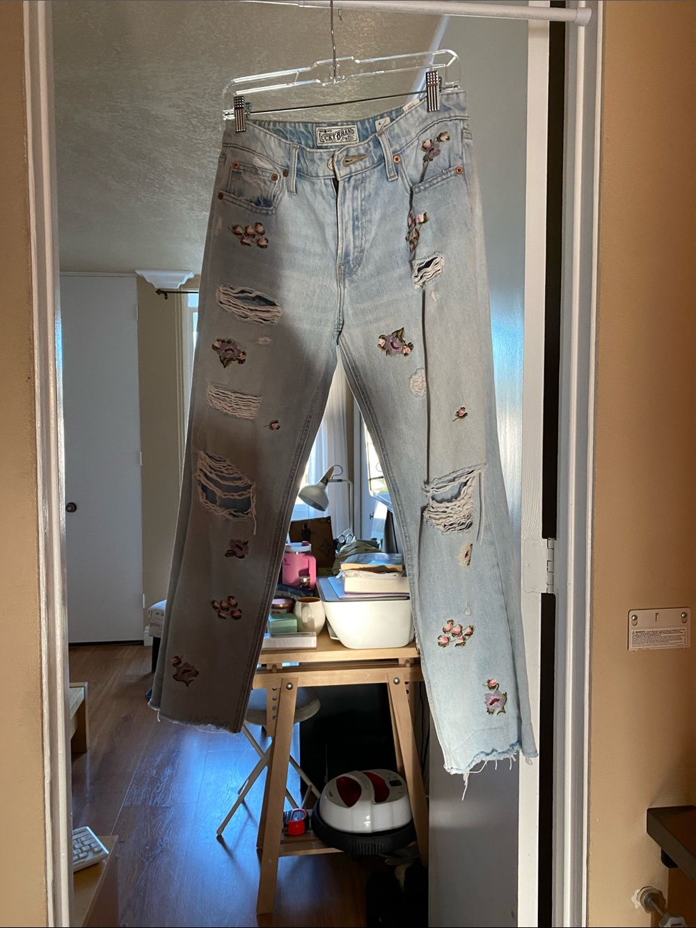 Lucky Brand Light Blue Straight Leg Jeans with Floral Embroidery